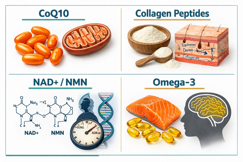 Detailed () flat-lay infographic-style image showing four distinct supplement categories arranged in quadrants: CoQ10 orange