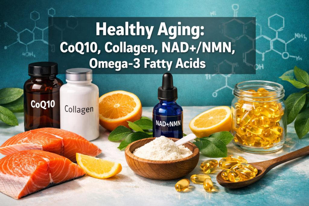 Healthy Aging: CoQ10, Collagen, NAD+/NMN, Omega-3 fatty acids.