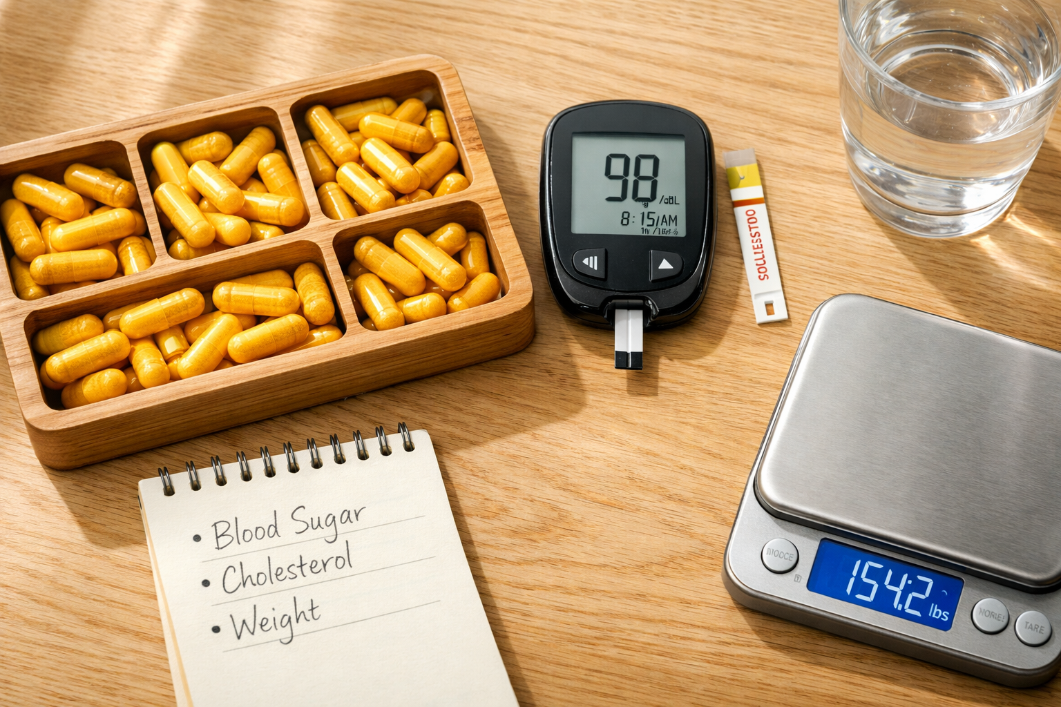 () close-up overhead shot of a wooden supplement organizer containing yellow berberine capsules alongside a blood glucose