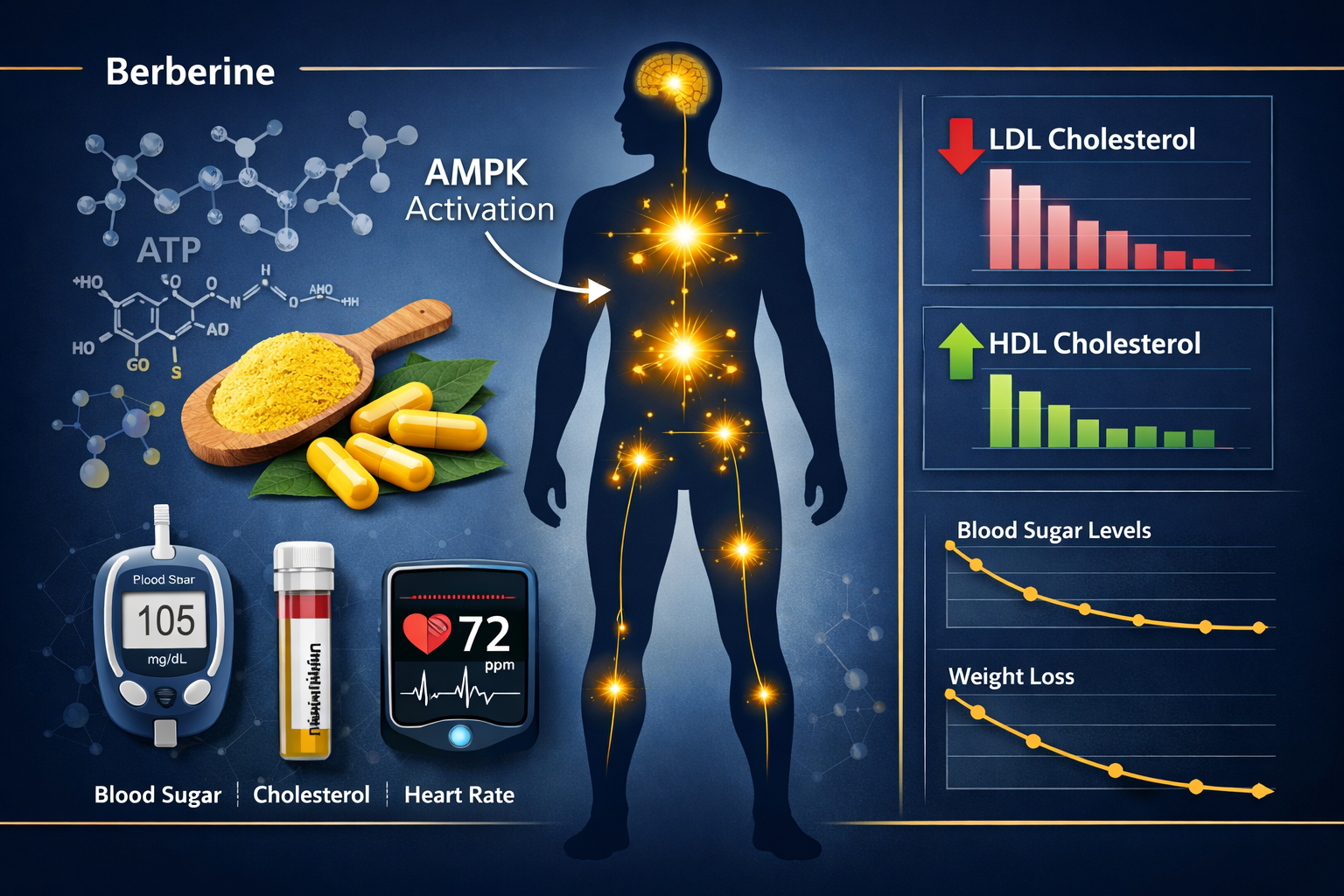 () scientific infographic-style illustration showing a human body silhouette with glowing AMPK pathway activation points